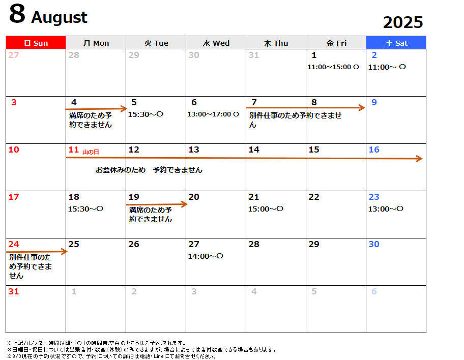 8月予約状況